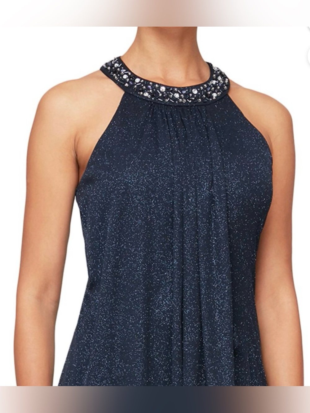 SLNY Navy Glitter Halter Beaded Neckline Maxi Dress - Picture 4 of 4